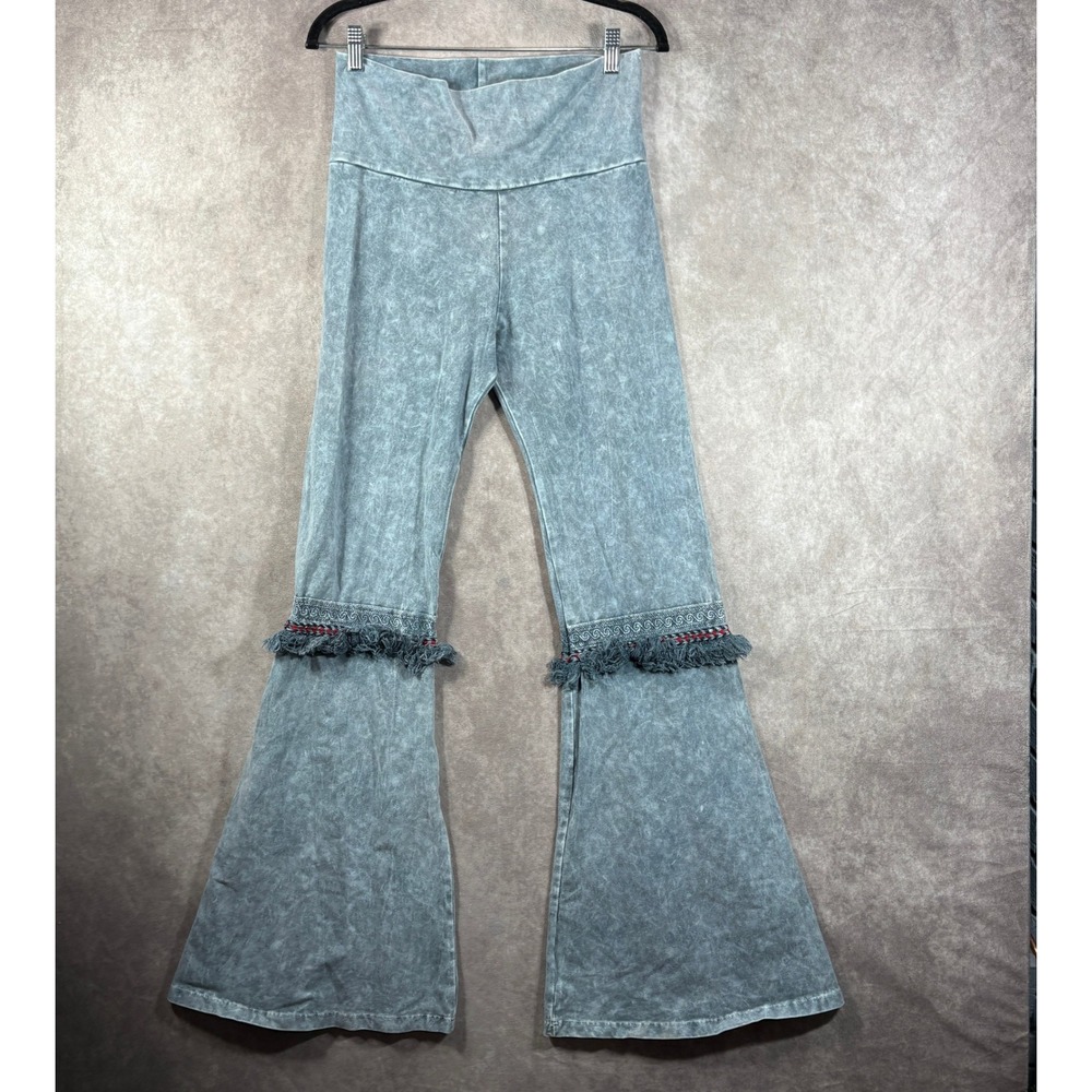 T Party Pants Womens L Grey Mineral Wash‎ Flare Bell Bottom Fringe Boho Hippie